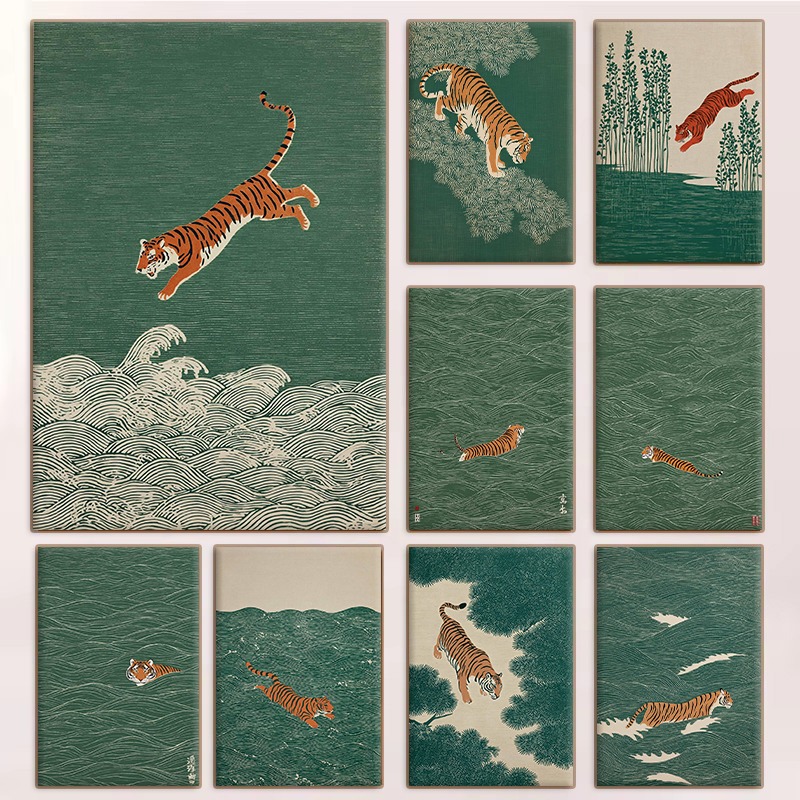 Home Fragrance Ocean Breeze - Poster Harimau Jepang Antik Minimalis Gelombang